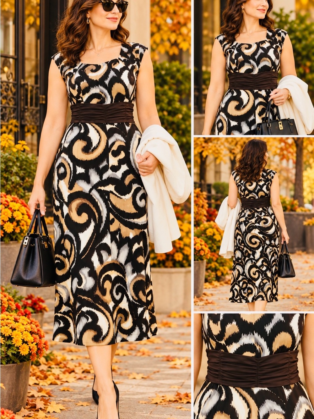Perceptions Black, Cream & Tan Swirl Midi Dress perfect for fall layering